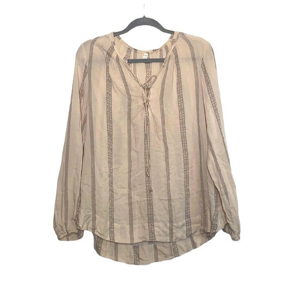 GF Women's Cream & Brown Striped Print Tie-Front Blouse 100% Rayon size Large - Picture 1 of 8